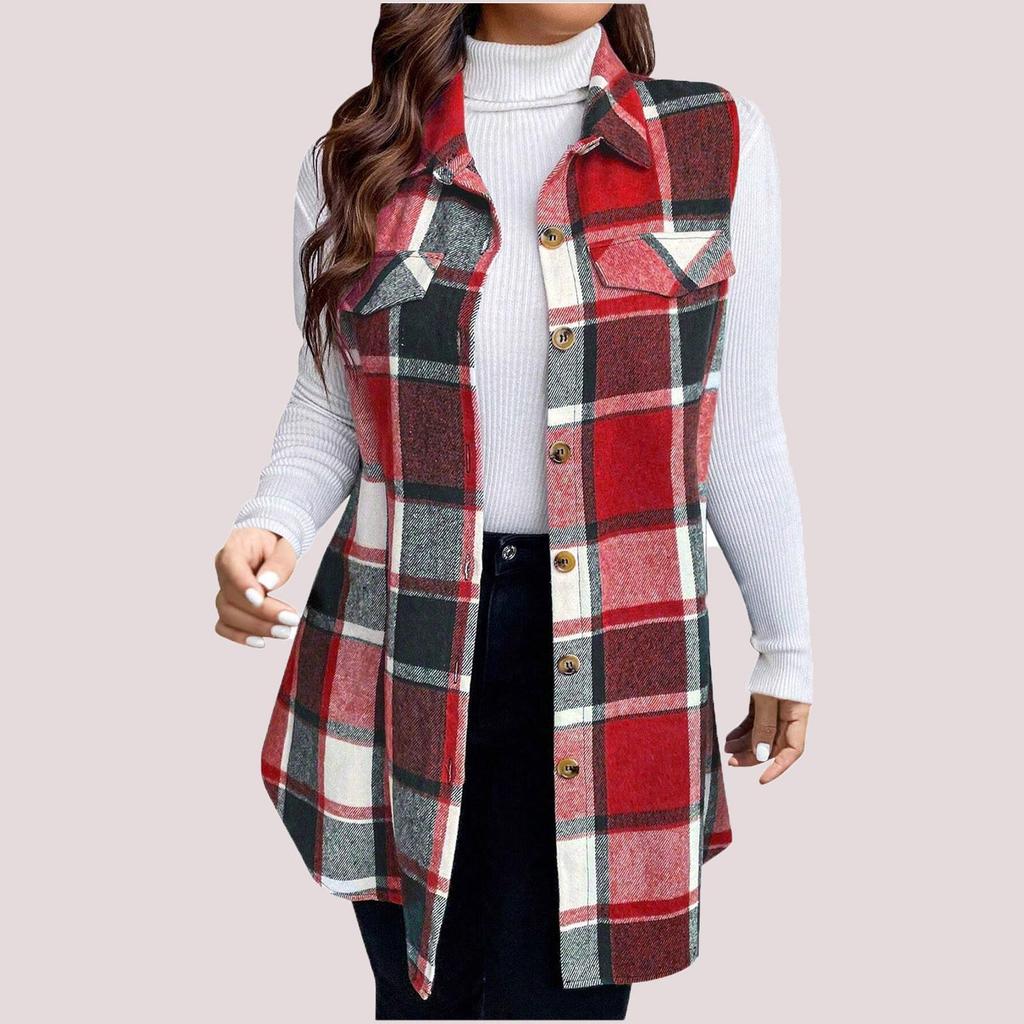 Giacca Gilet Senza Maniche da Donna Taglie Forti Moda Plaid Spazzolato con Colletto Lunghezza Media
