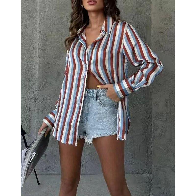 Stripe Shirt Western Style Versitile Fashion Shirt Satin Stripe Retro Temperament Long sleeve Women's Shirt