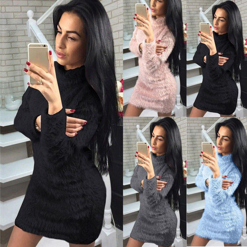 Women Long Winter Sleeve Fluffy Sweater Tops Ladies Party Bodycon Dress Jumper