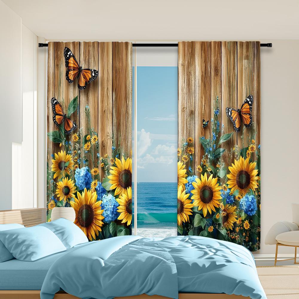 

2 pcs, versatile polyester transparent curtains for home decoration Rustic Sunflower for use in bedrooms and living rooms 29x65in(75x166cm)