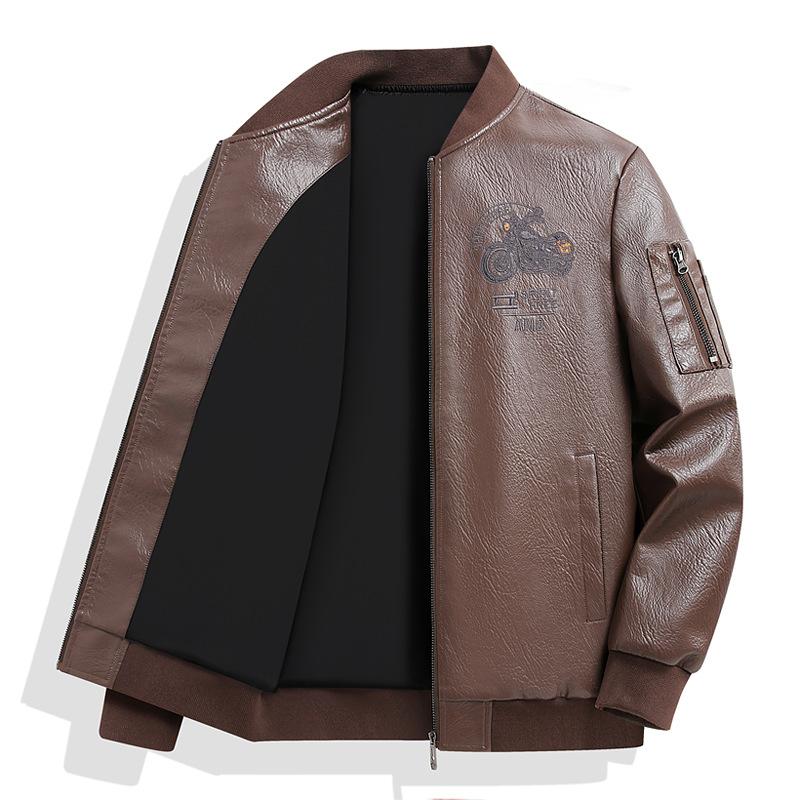 

Весенне-осенняя кожаная куртка мотоциклетного стиля с вышивкой и бейсбольным воротником, свободная повседневная куртка большого размера 8XL кофейный