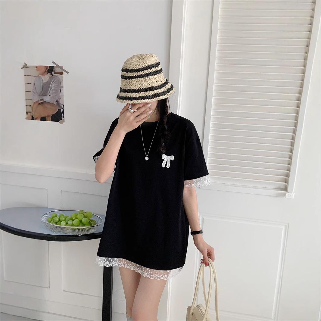

2025 Summer Pure Cotton Lace-Trimmed Short Sleeve T-Shirt One Size сірий колір