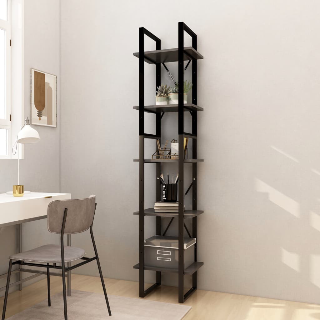 5 Shelf Bookshelf Grey 40 x 30 x 175 cm Solid Pine Wood