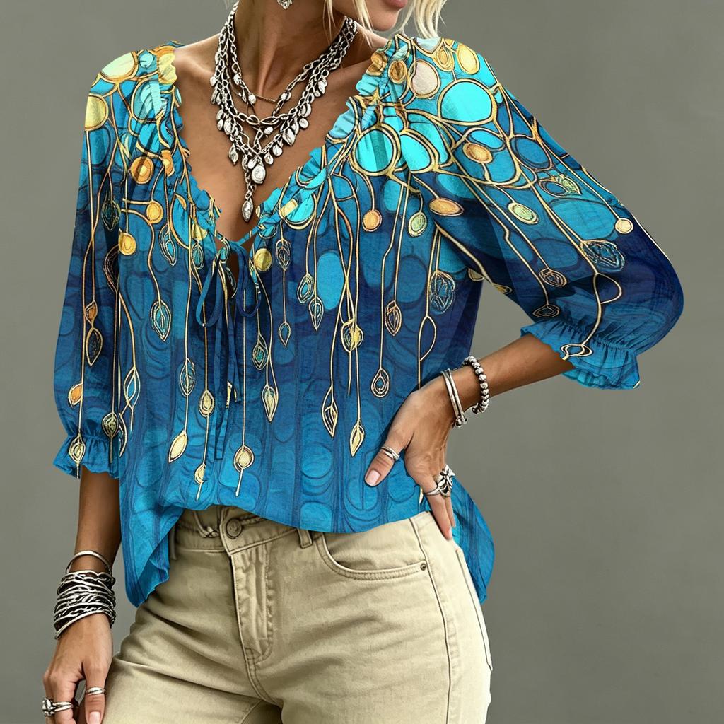 Women's Casual Printed V-Neck Ruffle Tie Blouse