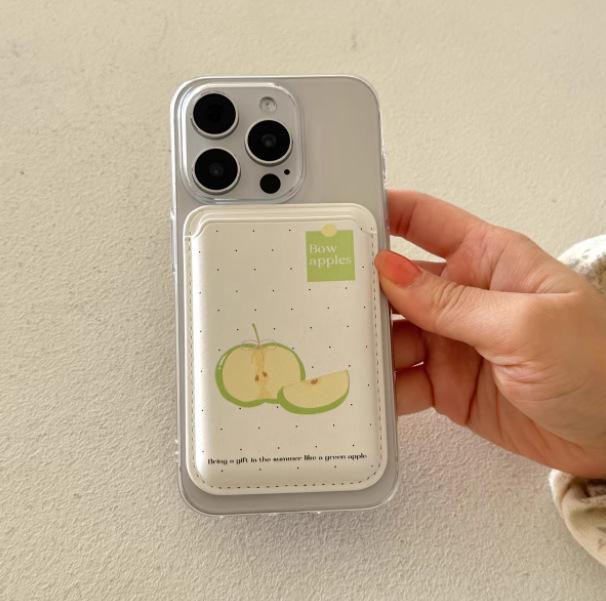 Polka Dot Green Apple MAGsafe Leather Card Holder Phone Case Single Card Holder
