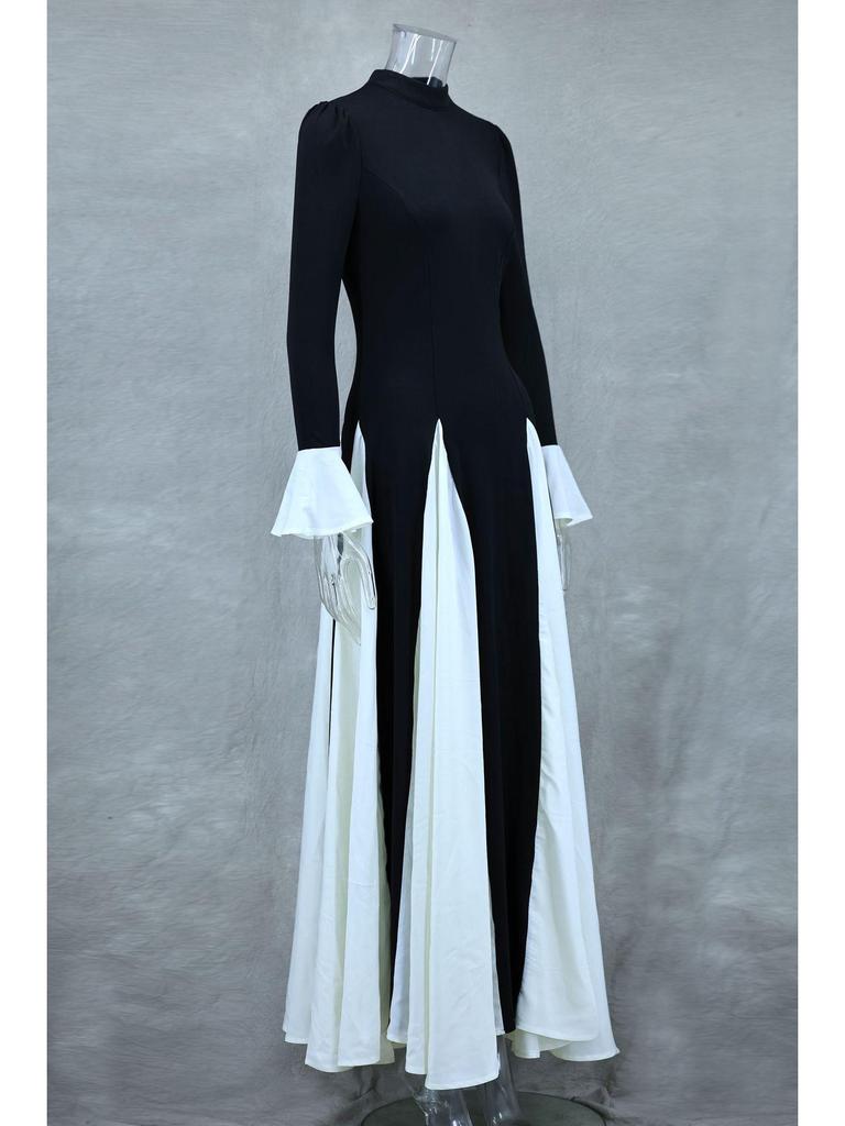 2024 Høst/Vinter Euro-Amerikansk Svart og Hvit Fargeblokk Volang Langermet Svingkjole LX0105