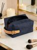 Dior 1 Piece Dark Blue Canvas Makeup Bag Embossed DIOR Logo Leather Strap Zipper Portable Travel Cosmetic Storage Pouch for Men Women