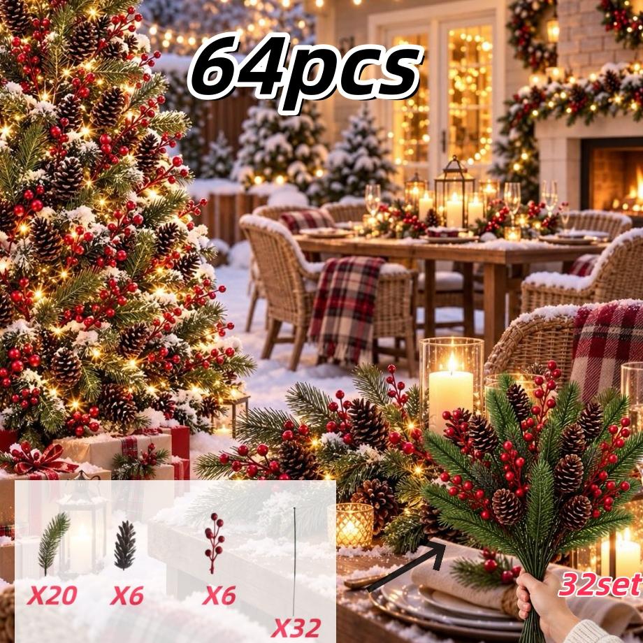 64 Pcs 32 Sets Christmas Artificial Floral Bouquet with Red Berries Pinecones and Pine Branches for Indoor Outdoor Decorations
