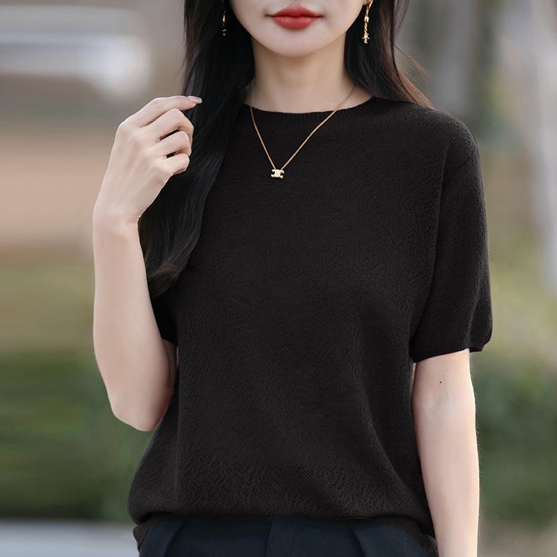 Весенний новый тонкий шерстяной ажурный трикотажный топ с короткими рукавами L чёрный 2776₽