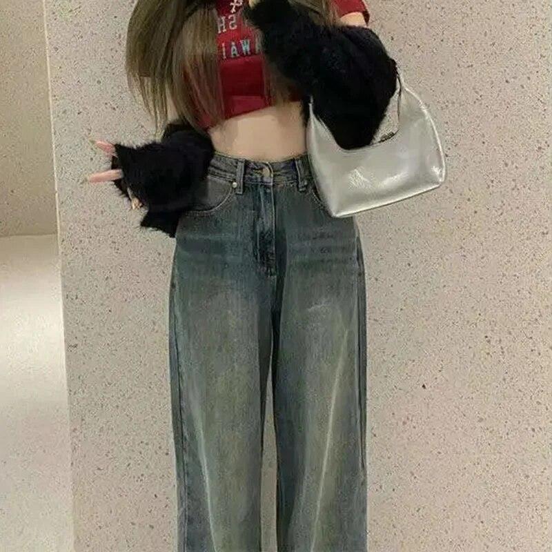 Neue Vintage Streetwear Baggy Y2K Jeans Frauen 2000er Jahre Retro Hohe Taille Denim Hosen Weibliche Sinn Für Mode Casual gerade Bein Hosen