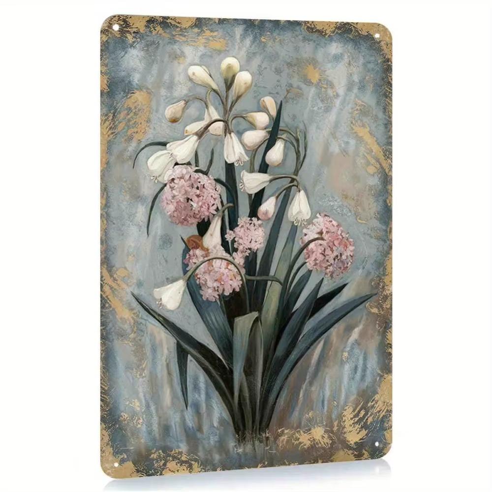 Vintage Iron Wall Art: Pink Rhododendron & White Lily Rustic Floral Decor for Home, Kitchen, Bathroom, Cafe, Garage