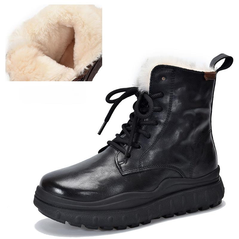 Johnature Thick Sole Wool Boots Thickened Warm Cotton Boots Genuine Leather Retro Women Short Boots