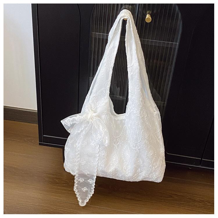 Borsa Tote in Cotone con Fiore di Pizzo Stile Coreano da Donna 2026 Nuova Grande Capacità da Spalla per il Pendolarismo