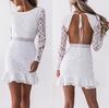 Women Solid O-Neck Lace Patchwork Long Sleeve Backless Party Bandage  Dress