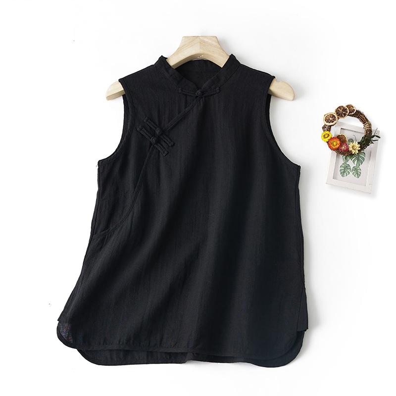Chinese Vest Women Summer Sleeveless Blouse Retro Buckle Split Linen Shirt Soft