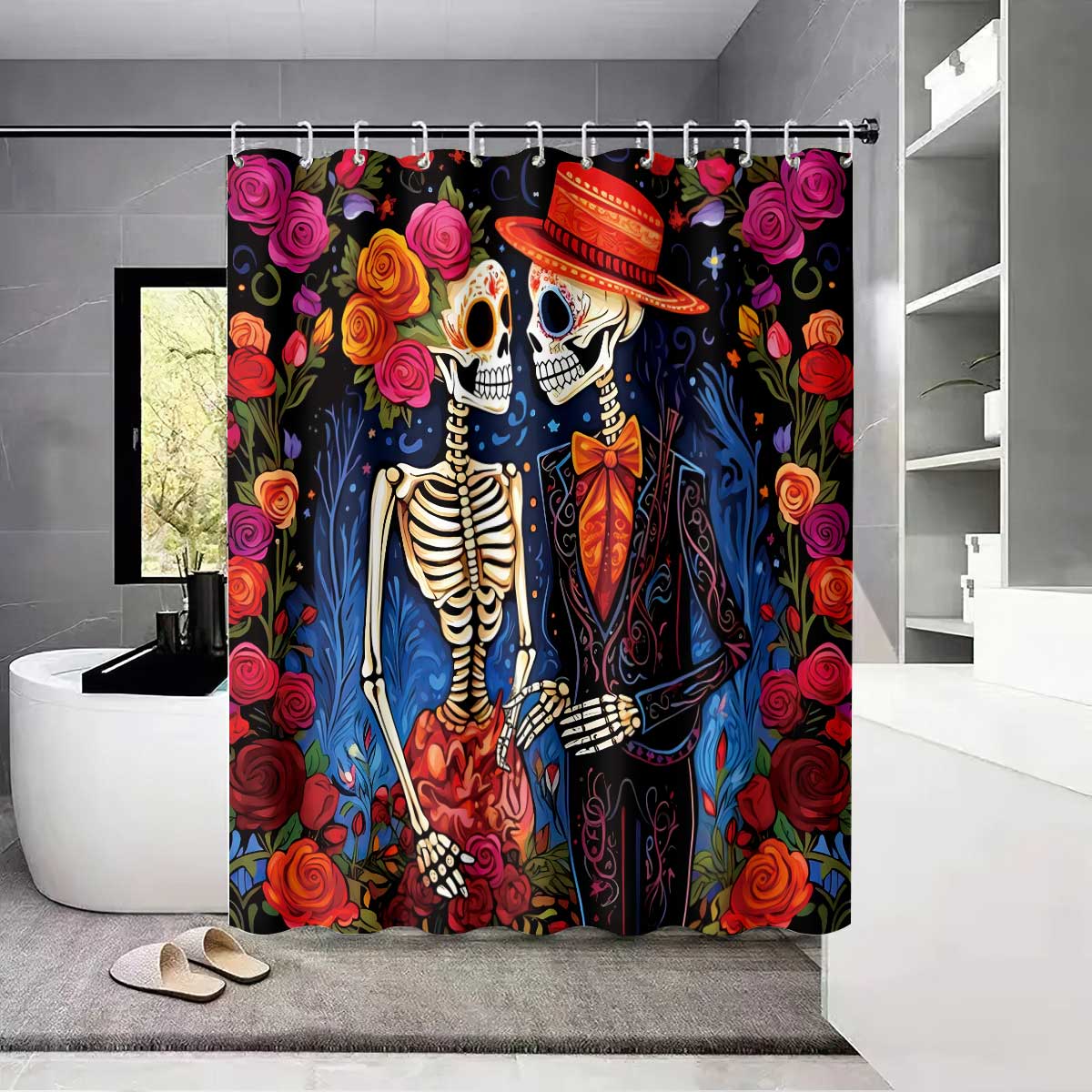 

1Pc Day Of The Dead Skeleton Flowers Shower Curtain,With 12 Hooks, Machine Washable, For Shower Partition And Privacy Protection 90x180cm
