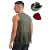 Mens Western Cowboy Costume Faux Suede Tassel Vest with Rivets Design Vintage Bandanna Hat 3 Piece Set