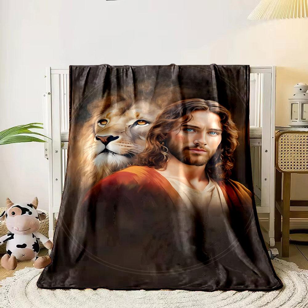 Jesus Lion Portrait Blanket Printed Blanket for Living Room Bed Couch Lunch Break Soft Cozy Blanket for Friend's Festival Gift