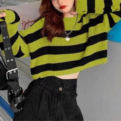 Outono e Inverno Feminino Estilo Retrô Peça Externa Curta Suéter de Tricô Top Cintura Alta Listrado Contrastante Suéter Top