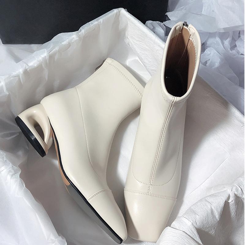 Women's Ankle Boots Mid Heels Square Toe Designer Shoes Winter Chelsea  Fashion Leather Goth Walking Pumps Muje Zapatillas