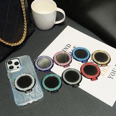 Electroplating Glitter Powder Magnetic Mobile Phone Holder Foldable Anti-fall Finger Ring Buckle Adhesive Support Stand Makeup Mirror