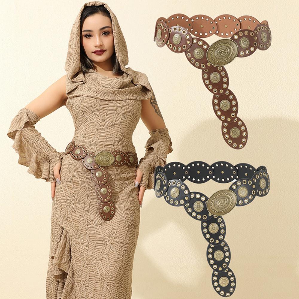 Vintage Western Belt Vintage Pu Leather Waistband Steampunk Wide Waist Belt Western Large Round Buckle Belt For Themed Party