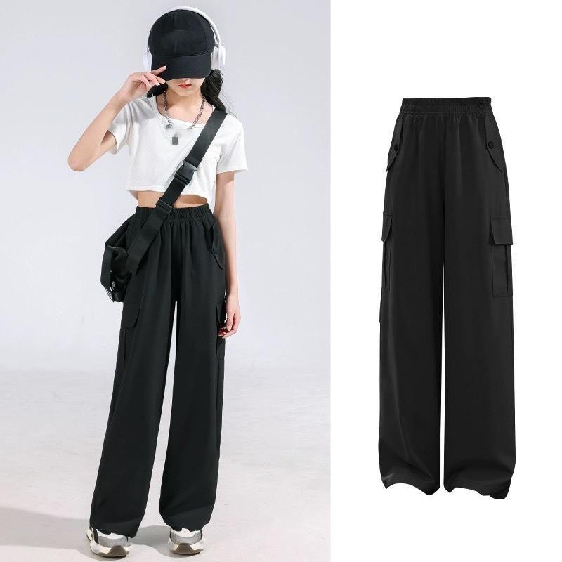 

Широкие брюки для девочек Детские брюки из ледяного шелка Антимоскитные брюки Подростковая спортивная одежда Уличная одежда для детей Брюки-карго 120cm чёрный