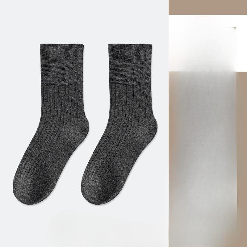 Grey Loose-fitting High-top Vertical Women's Socks, Pure Cotton Pile Socks, Moisture-absorbent and Breathable, White Boneless Long Socks