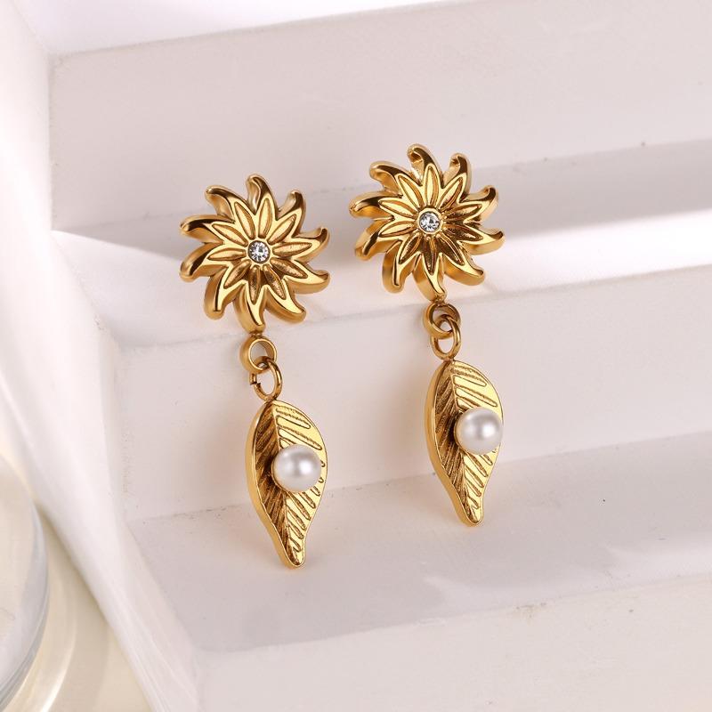 New Wind Gold Stainless Steel Flower Leaf Series Stud Earrings Gold Simple Premium Earrings Retro