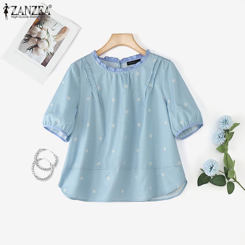 ZANZEA Women Summer Grid Print Casual Round Neck Short Sleeve Blouse