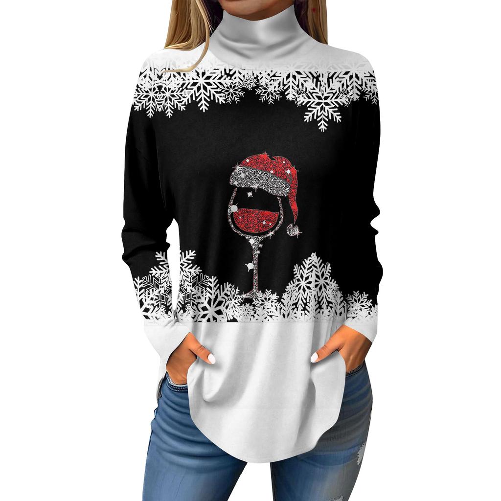 Women Fall Casual Long Sleeve Shirts Sweatshirt Vintage Printed High Neck Top Pullover