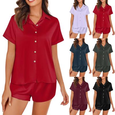 Damen Seidenpyjama Kurzarm Satin Nachtwäsche Set 2-teilig Knopf Hauskleidung