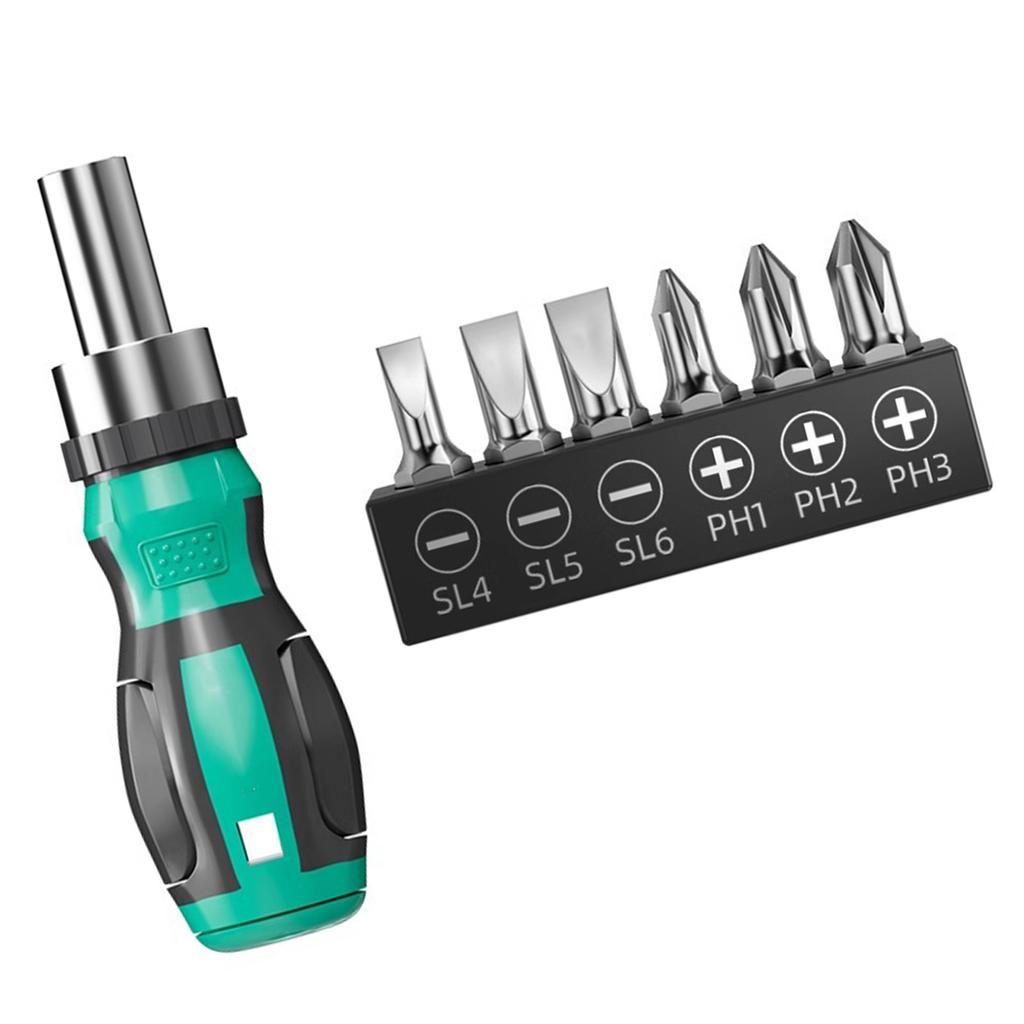 Mini Magnetic Head Ergonomic Handle Ratchet Screwdriver Set with 6 Bits and 3 Ratchet Setting for Household Repair Tools