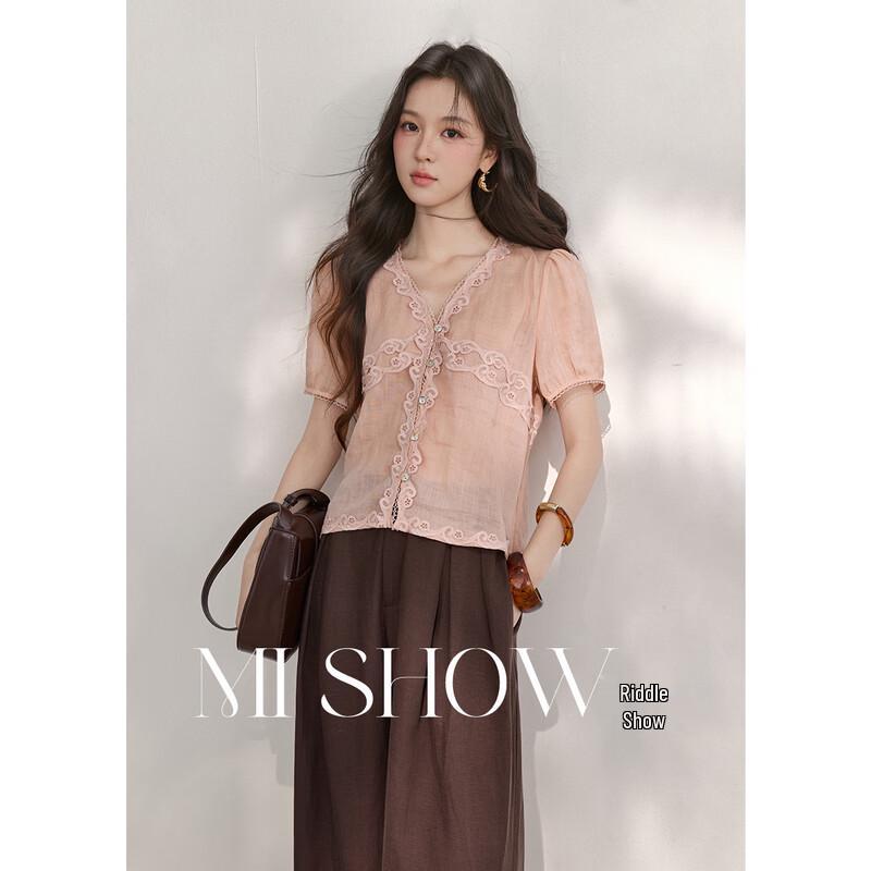 Women s French Style Ramie Lace Puff Sleeve Blouse S