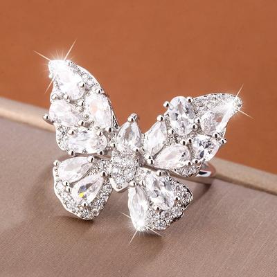 Luxury Full Diamond AAA Zircon Butterfly Ring High Quality Women's Ring with Adjustable Opening Jewelry Anniversary Gift