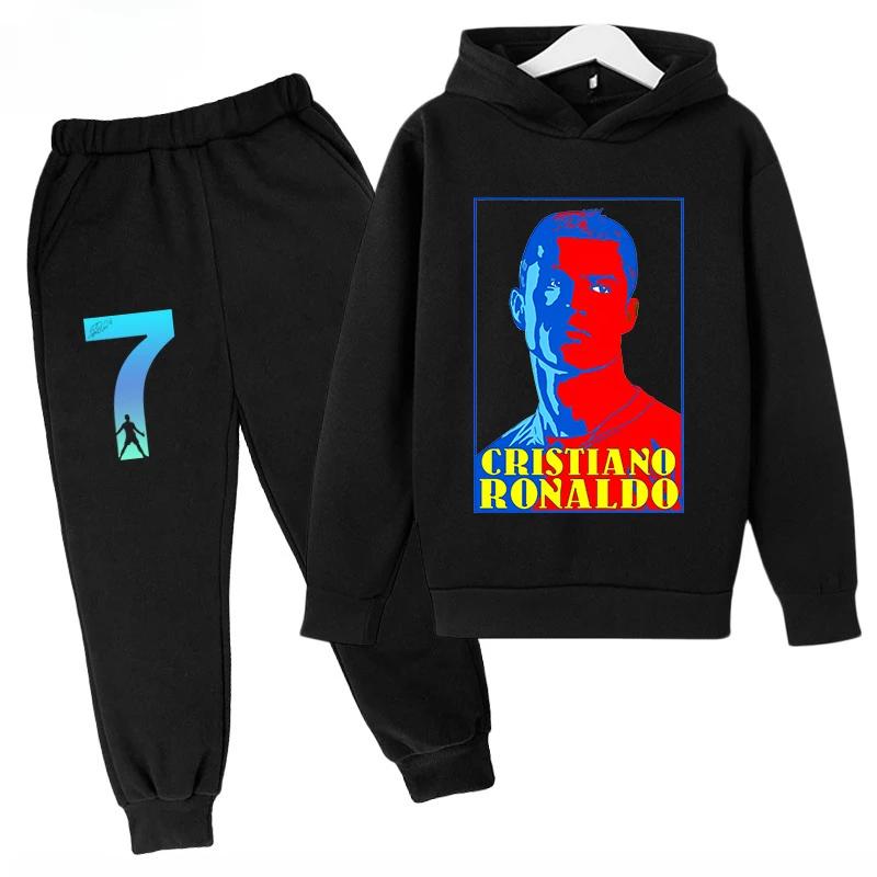 Children's Sports Hoodie Set  Sweatshirt Pants 2-piece Set for Boys and Girls Ronaldo Avatar Printed Kids Clothes Girls