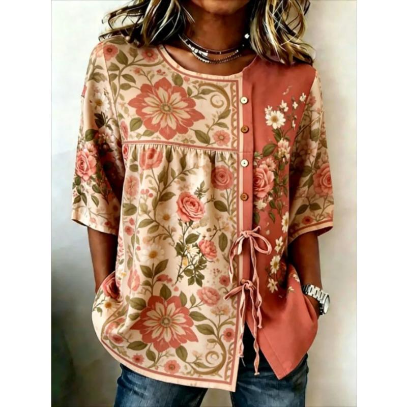 Women's printed lace-up short-sleeved blouse, fashionable and versatile, comfortable and skin-friendly, machine washable.