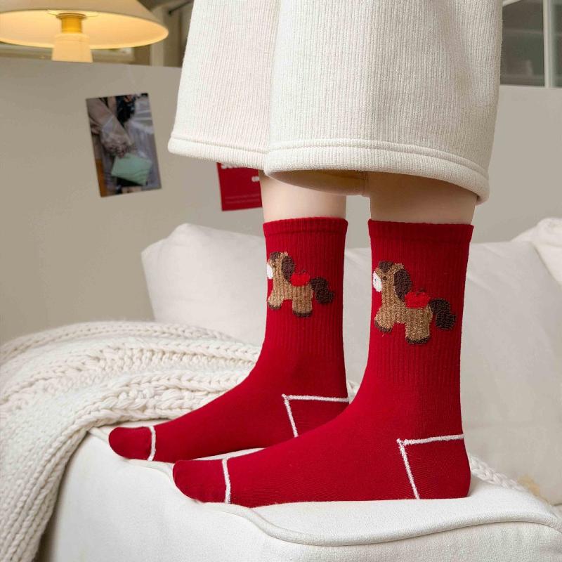 Red Color Women's Cotton Ankle Socks - Thick Soft Crew Socks For Cold Weather, Breathable & Warm
