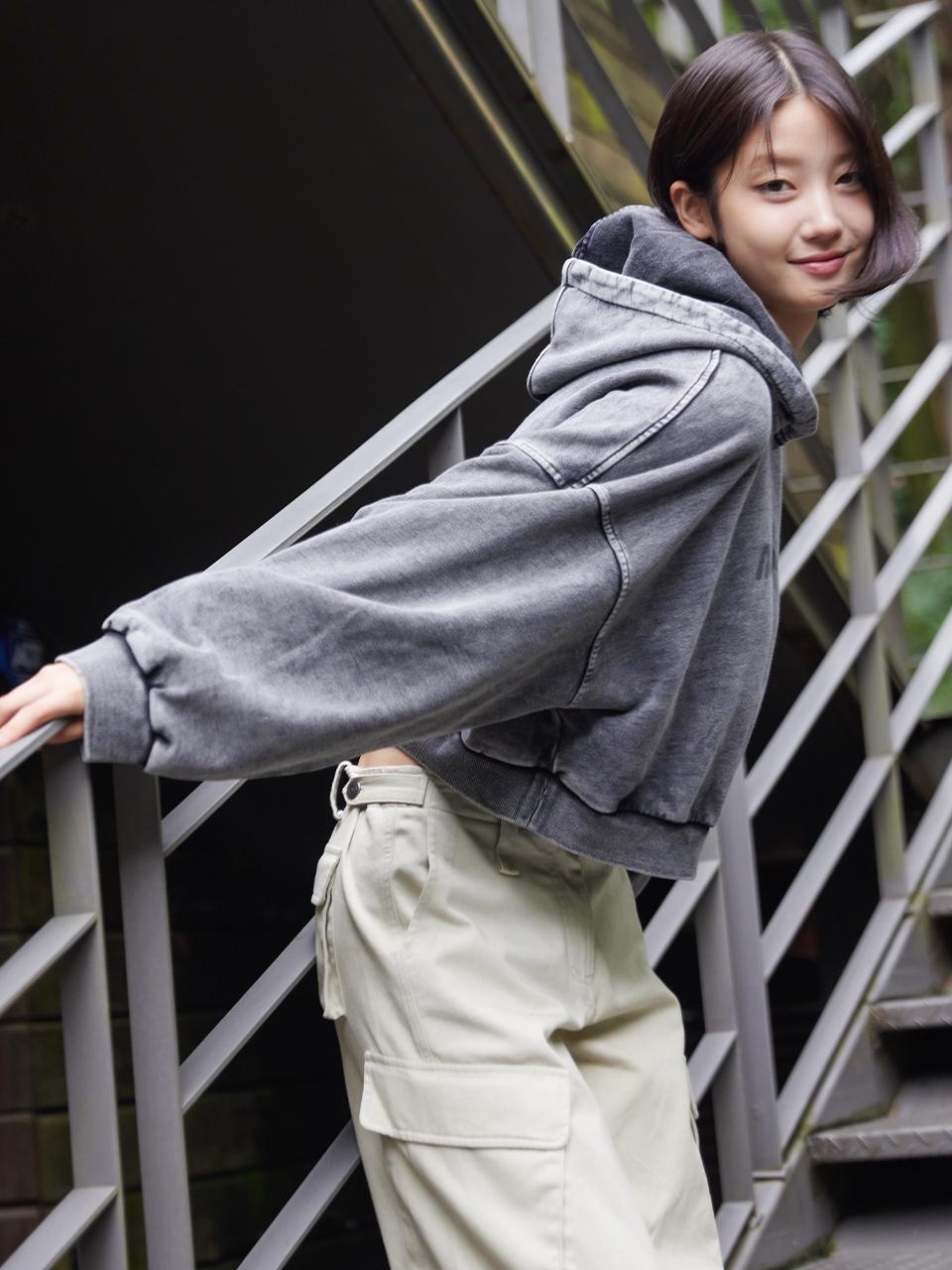 I Holic Cashmere Oversized Vintage Crop Hoodie Grey/Free