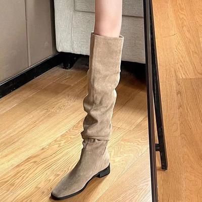 Fashion Middle Heel Women's Long Boots Khaki Square Toe Ladies Knee High Shaft Shoes Fur New Rock Quality Comfortable and Elegant Pu In