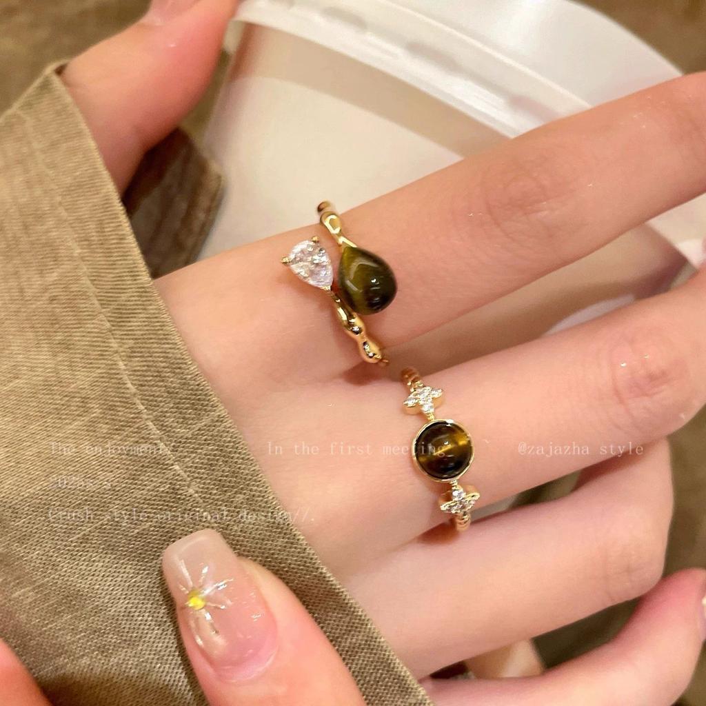 Maillard Tiger's Eye Stone Gold Ring Women's Autumn and Winter Adjustable Index Finger Ring Light Luxury Stacked Ring