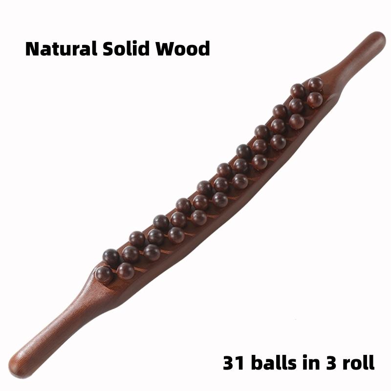 Premium Guasha Wood Stick Massage Tool with 31 Beads for Body Sculpting Fascia Release Lymphatic Drainage Natural Wood Massager