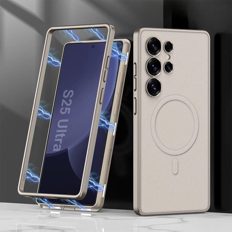 

Magnetic for Wireless Charging Electroplating for Samsung Galaxy S25 S24 Ultra Leather All Inclusive Package Protective Cover For Galaxy S24 Ultra чорний