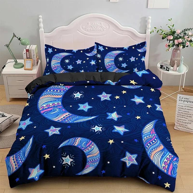 İskandinav Tarzı Nevresim Takımı Kral Kraliçe Boyutu Yıldız Ay Desenli Çocuklar Gençler Yetişkinler için Çiçekler Polyester Yorgan Kılıfı