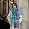 New Cozy Plaid Faux Cashmere Scarf Soft Thick Warm Long Tassels Scarves Autumn Winter Versatile Purple-Green Shawl
