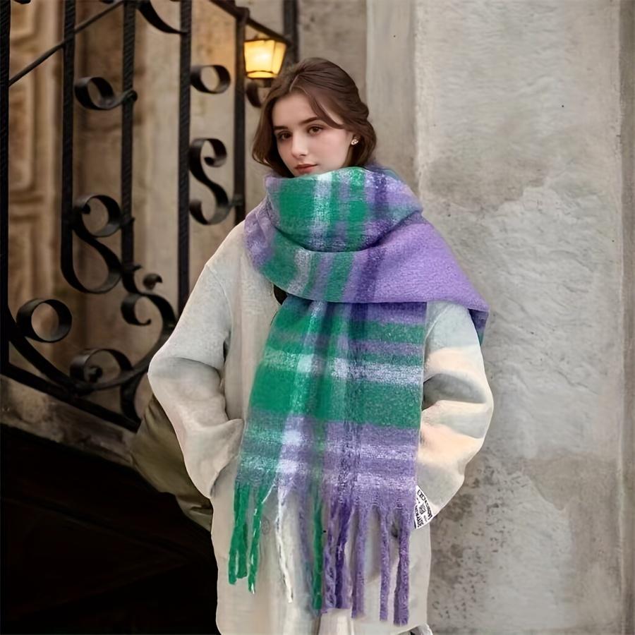 New Cozy Plaid Faux Cashmere Scarf Soft Thick Warm Long Tassels Scarves Autumn Winter Versatile Purple-Green Shawl