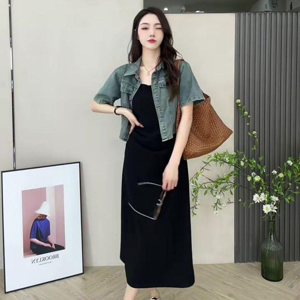 Women's Summer Retro Casual Suit: Short Sleeve Denim Jacket & Camisole Dress Set