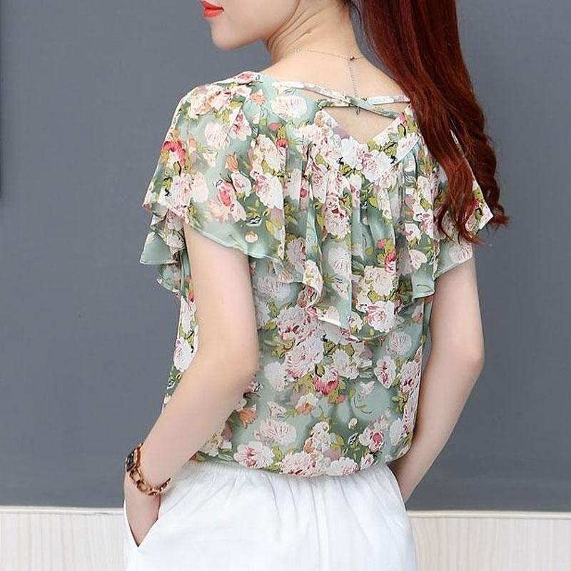 Office Lady Floral Printed Blouse Summer Straight Elegant V-Neck Women's Fashion Ruffles Spliced Short Sleeve Chiffon Shirt