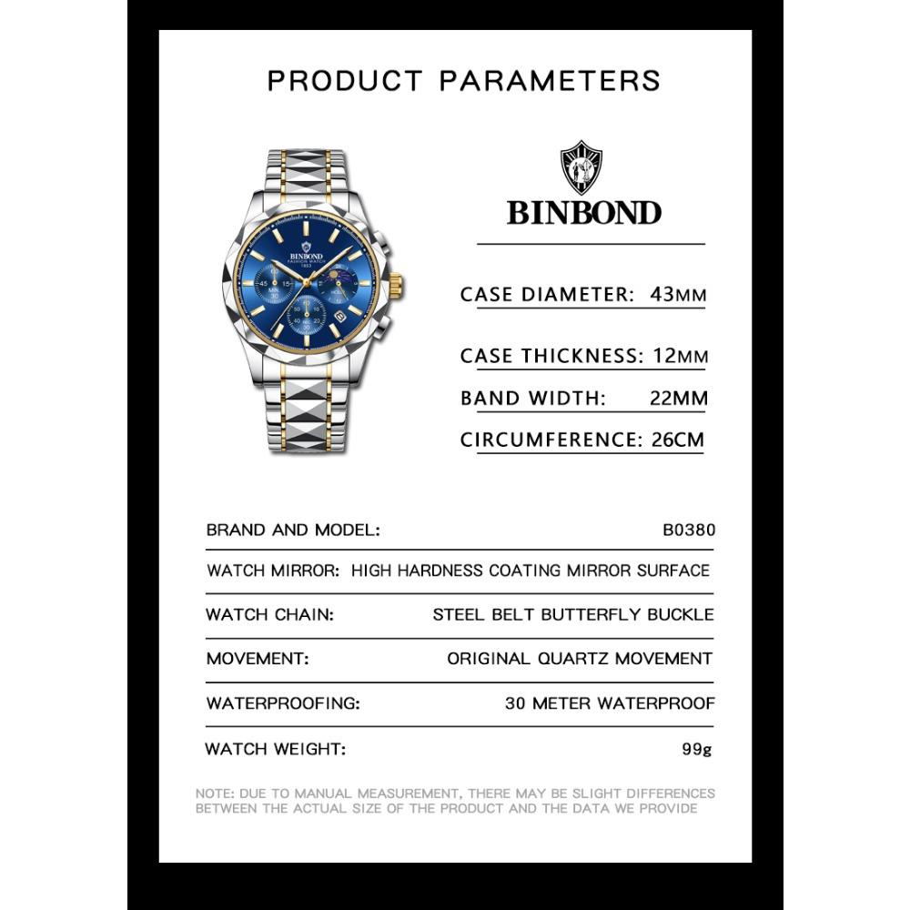 BINBOND Luminous Waterproof Quartz Wristwatch for Men Accurate Luxury Auto Date Chronograph Men's Watch Fashion Durable Reloj