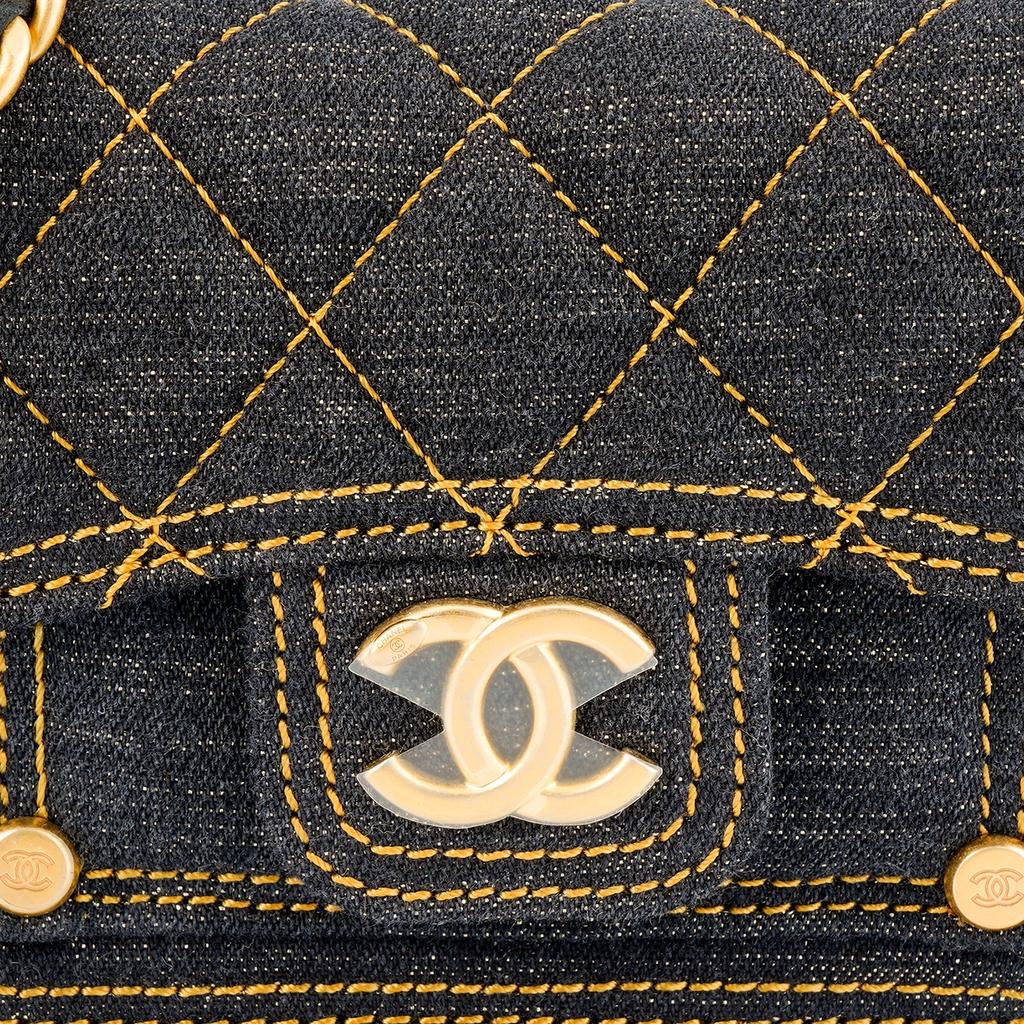 Chanel 23s Double You Diamond-Pattern Leather Chain Denim Single-Shoulder Messenger Bag Mini Women'S Black